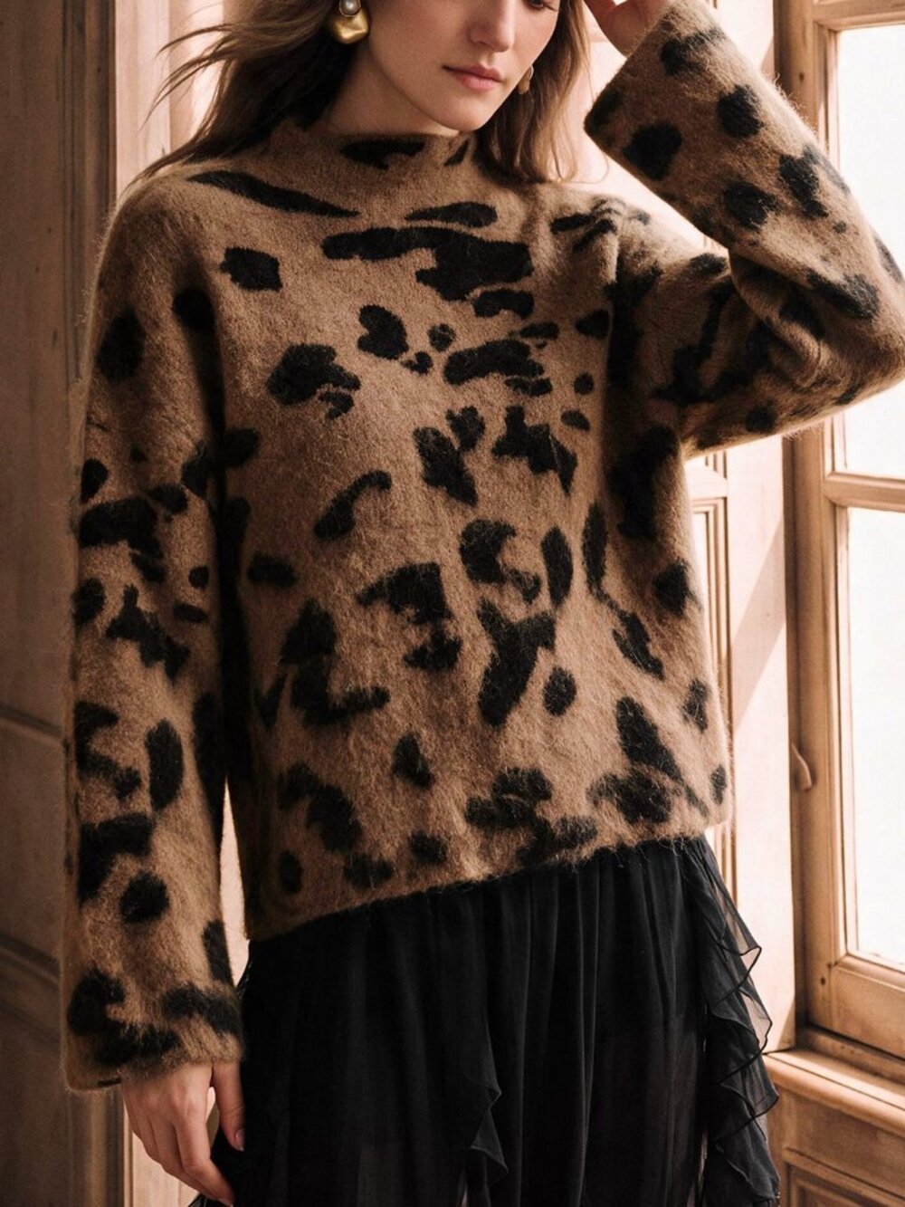 Coffee Brown Casual Women's Fuzzy Loose Random Print Turtleneck Pullover